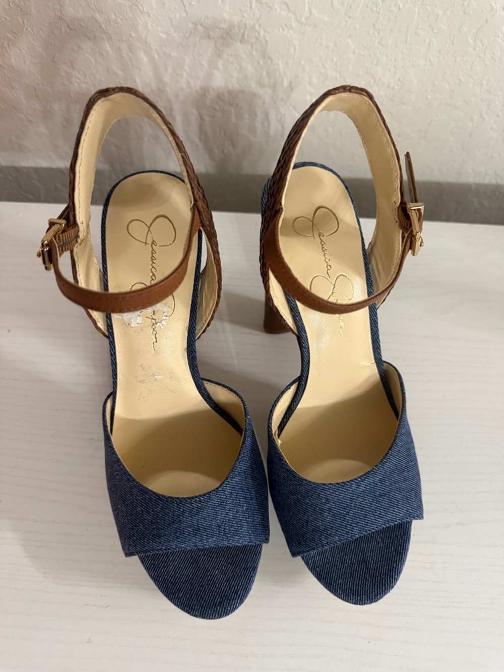 Jessica Simpson Denim Open-Toe Slingback Heels with Brown Straps